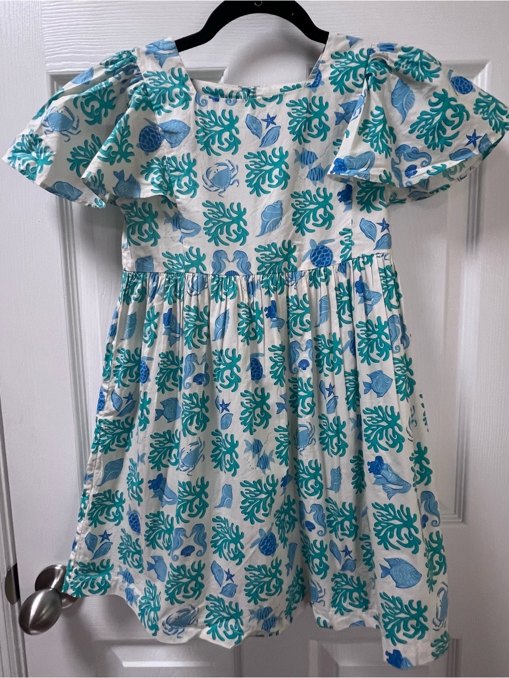 Mini Boden Girls Coastal Motif Blue On White Flutter Sleeve Dress 8-9 Yr